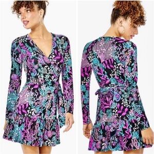 Lily Pulitzer Misha Onyx Twilight Long Sleeve Wrap Romper Flare Dress